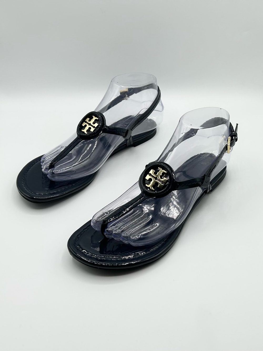 Tory Burch Navy Gold Patent Leather Dillan Sandal Flats Women’s Size 7